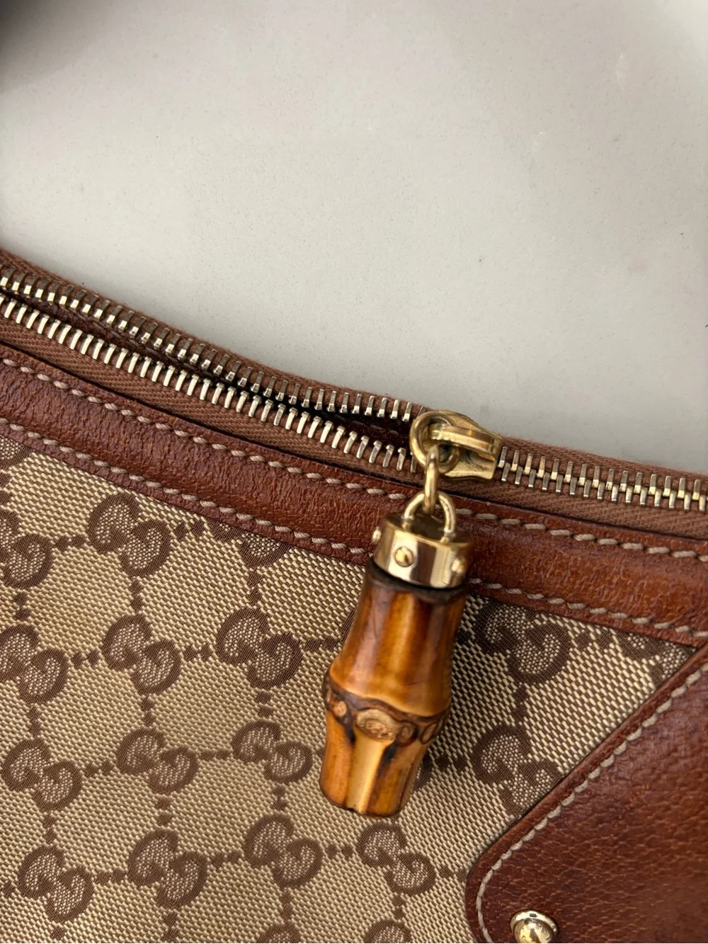 Gucci Beige GG Canvas & Brown Leather Hobo with Bamboo Handles-Vintage